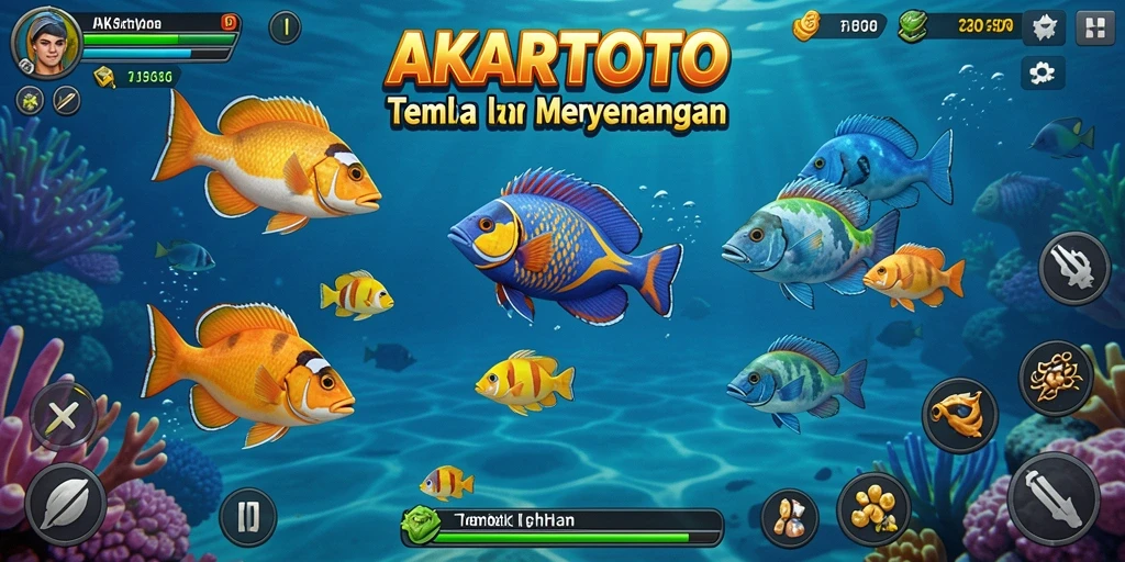Tampilan gameplay AKARTOTO dengan aksi menembak ikan yang seru.