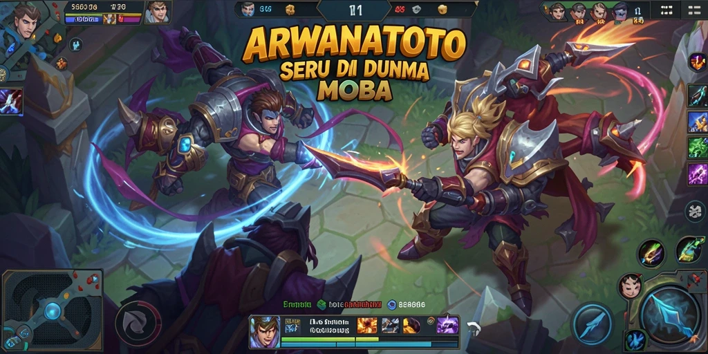 Tampilan gameplay ARWANATOTO yang mendebarkan dalam pertarungan MOBA.