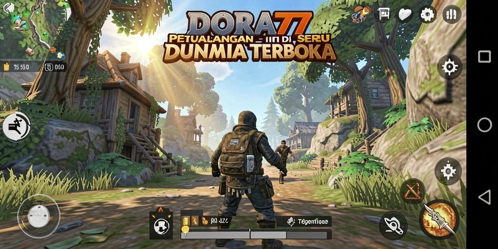 Tampilan gameplay DORA77 menampilkan eksplorasi dunia yang luas.