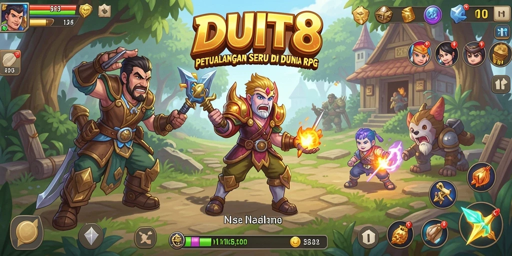 Tampilan utama gameplay DUIT8 dengan karakter dan petualangan RPG.