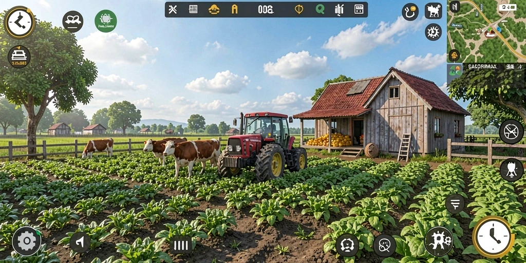 Screenshot gameplay <strong>GACORMAX</strong> menunjukkan ladang yang subur dan tanaman yang beragam.