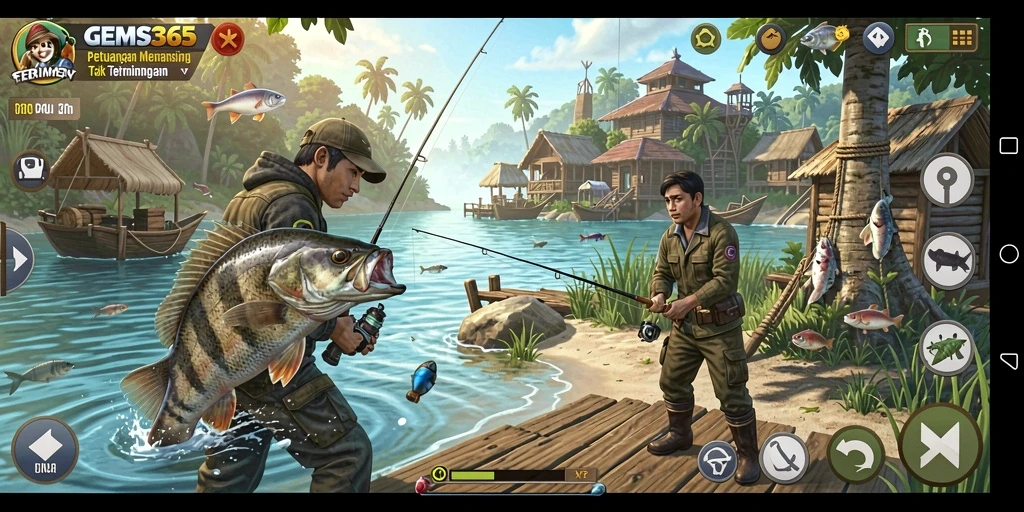 Tampilan gameplay seru GEMS365 dengan pengalaman memancing yang unik.
