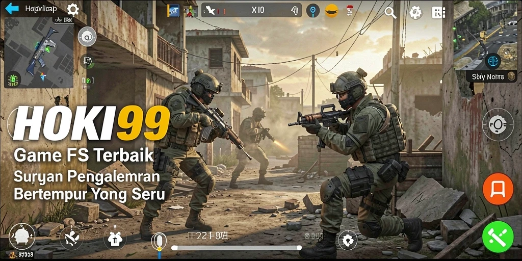 Screenshot utama HOKI99 menampilkan aksi pertempuran intens di medan perang.