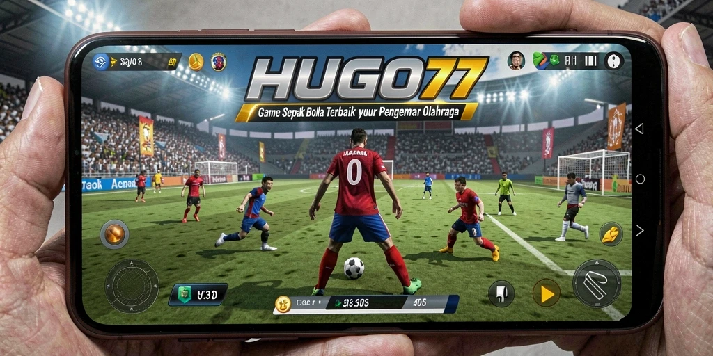 Screenshot gameplay HUGO77 menampilkan aksi sepak bola yang mendebarkan.