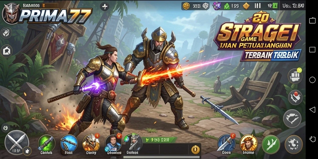 Screenshot utama menampilkan gameplay seru dalam <strong>PRIMA77</strong> dengan aksi pertempuran dan membangun kerajaan.