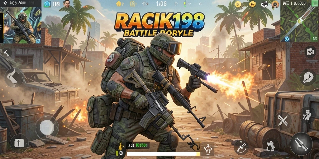 Tampilan gameplay mendebarkan di RACIK198 saat bertempur di arena Battle Royale.