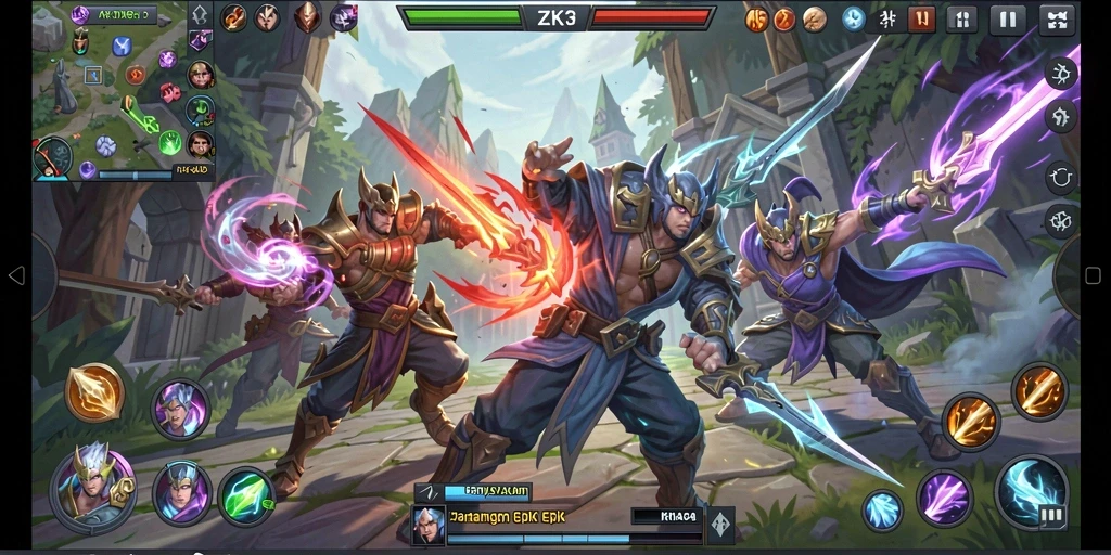 Gameplay ZK3 menampilkan tim yang berusaha menghancurkan markas lawan.